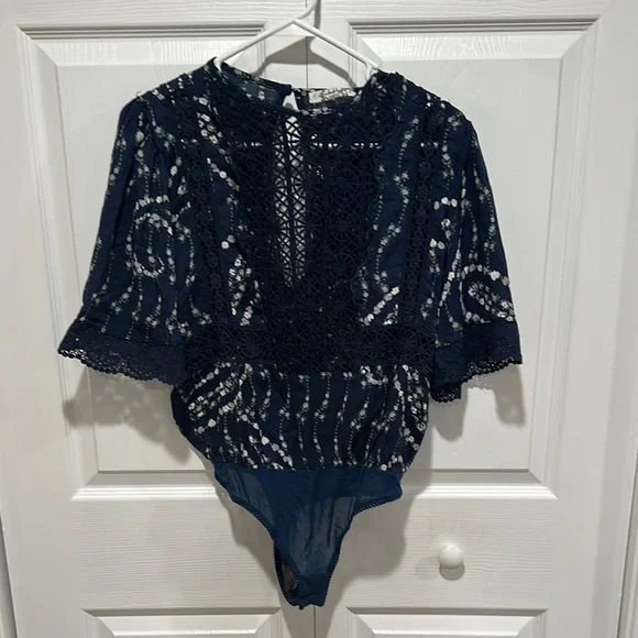 FREE PEOPLE Bali Tate Mixed Media Navy Lace Bodysuit